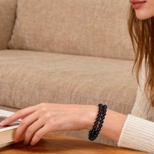 14in Agate Wrap Bracelet for Women Men Natural Round Beaded Agates Stone Healing Stretch Bracelets Elastic Handmade Polished Gemstone Beads Bracelet - color: Black Agate, size: 8mm Beads