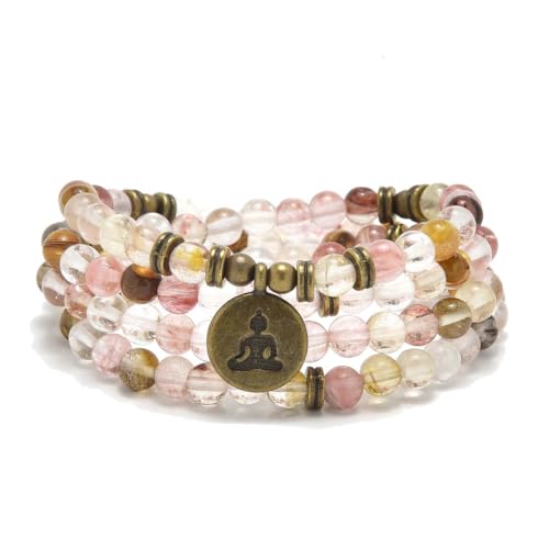 108 Mala Beads Bracelet Necklace with Yoga Symbol Buddha Charm – Gold-Plated Meditation Jewelry, Healing Stone, Ideal Spiritual Gift for Yoga & Meditation - style: Watermelon Tourmaline