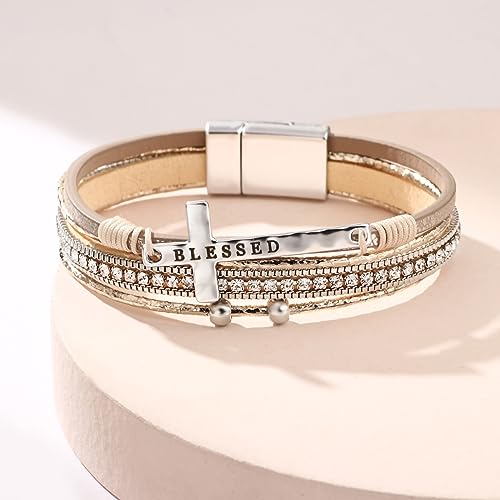 Fesciory Leopard Bracelet for Women, Boho Leather Wrap Multi-Layer Pearl Crystal Bracelet Bangle Jewelry - style: Blessed Cross(Khaki)
