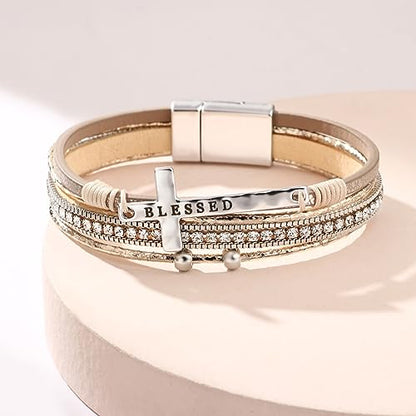 Fesciory Leopard Bracelet for Women, Boho Leather Wrap Multi-Layer Pearl Crystal Bracelet Bangle Jewelry - style: Blessed Cross(Khaki)