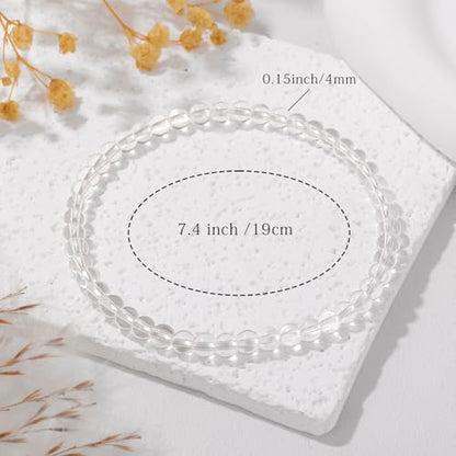 Crystal Beaded Bracelets for Women 4mm Clear Quartz Bead Handmade Gemstone Stretch Elastic Bracelet Natural Stone Crystal Healing Reiki Spiritual Jewelry Gifts - color: Clear Quartz, size: 4mm