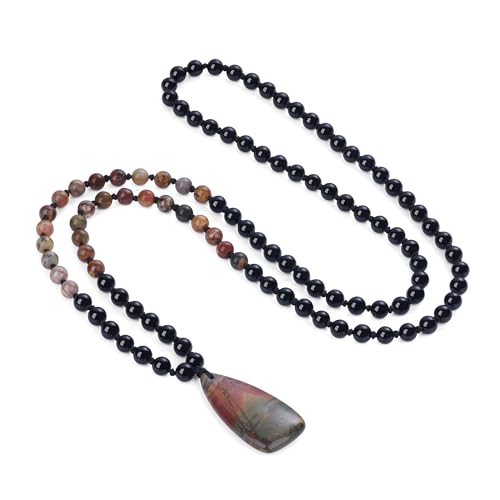 COAI 108 Mala Beaded Necklace for Women Men, Teardrop Pendant Picasso Jasper Onyx Crystal Necklace for Women Men