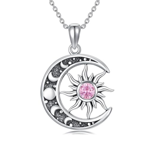 Sun and Moon Necklace 925 Sterling Silver Sun Moon Pendant Gemstone Jewelry Gifts for Women - style: October