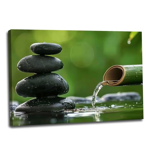 ZHOUWALLPIC Still Life Spa Canvas Wall Art Meditation Spiritual Paintings Green Bamboo Canvas Prints Zen Stone Bamboo Picture Green for Study Room Hallway Decor（Zen-2,24x36inch (60x90cm) - color: Zen-2, size: 24x36inch (60x90cm)