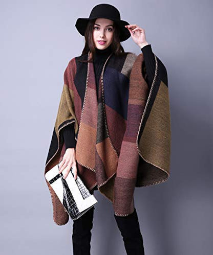 Women's Shawls and Wraps Open Front Poncho Cape Winter Sweater - color: A2-khaki