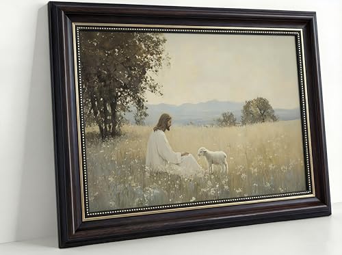 Dark Brown Framed Jesus And The Lamb Canvas Wall Art Jesus Leaves The 99 Sheep Wall Decor Picture Christian Bible Stories Poster Print Artwork for Church Living Room Bedroom Decoration - color: Jesus and the Sheep, size: 16"L x 12"W