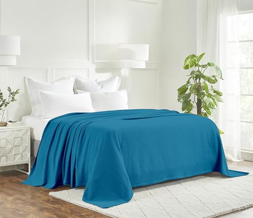Superior Waffle Weave Cotton Blanket, for Picnic, Beach, Traveling or Camping, Comfy Blanket, Bedroom Decor, Essentials, Cover for Bed, Couch, Lounging, Honeycomb Knit, Throw, Azure