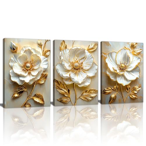 Modern White Floral Golden Leaves Canvas Wall Art Set, Neutral 3d Textured Flowers Wall Painting Pictures Boho Beige Blossom Wall Decor Posters Print Artwork for Bedroom Living Room Office 20x28x3Pcs - color: Flower-golden leaf, size: 20"x28"x3Pcs