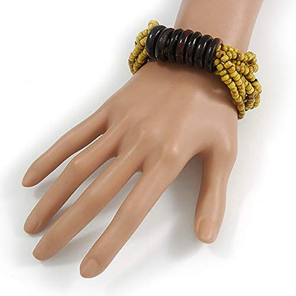 Avalaya Multistrand Dusty Yellow Glass Bead with Wooden Rings Flex Bracelet - Medium