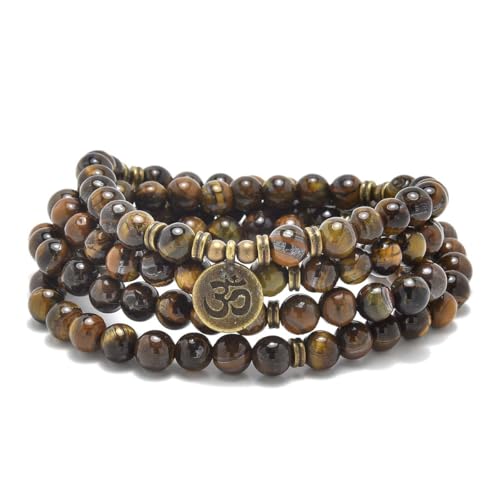 108 Natural Stone Mala Beads Yoga Jewelry Meditation Bracelet Necklace with om Charm - style: Brown Tiger Eye
