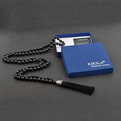 KIKILA Mala Beads 108 Natural Stone GemStones Japamala Yoga Meditation Hand Knotted Beaded Tassel Necklace for Women Men - style: Black Agate
