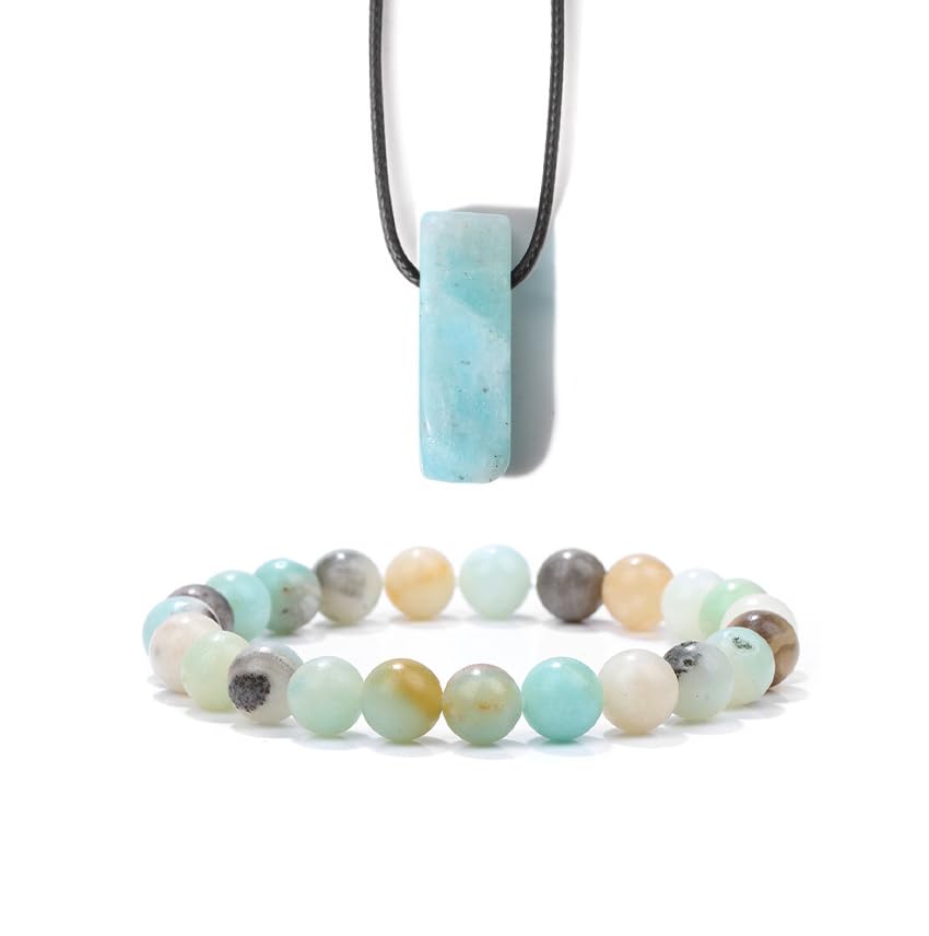 Pingyongchang Stress Relief Anxiety Yoga Bracelets Necklace Set,Healing Crystal Stone Mantra Bracelets for Women Natural Crystal Stone birthday Gifts For Teen Girls Black Leather Necklace for Men - color: Amazonite