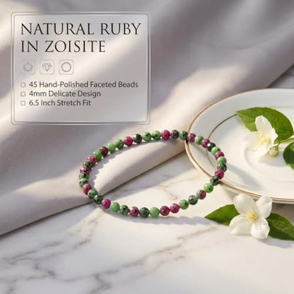 Angelstones Natural Gemstone Small Beaded Stretch Bracelet, 4mm Faceted Round Beads, Crystal Healing Bracelet for Women - color: Ruby In Zoisite