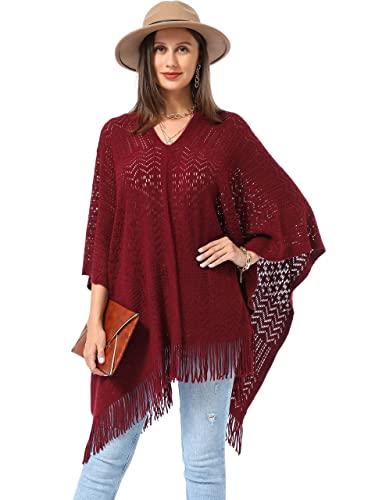 Soul Young Knitted Poncho Sweater for Women Ladies Pullover Wraps Cozy Topper shawl Cape - color: Burgundy