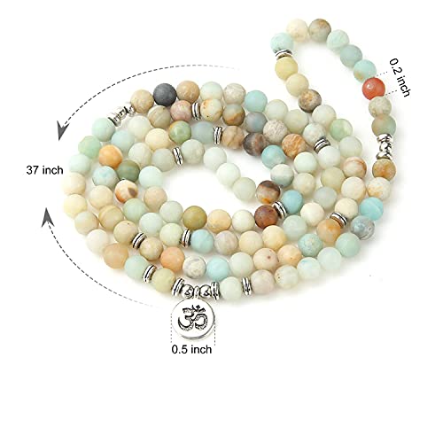 8mm 108 Mala Beads Wrap Bracelet Necklace for Yoga Charm Bracelet Natural Gemstone Jewelry for Women Men - color: OM Matte Amazonite Stone