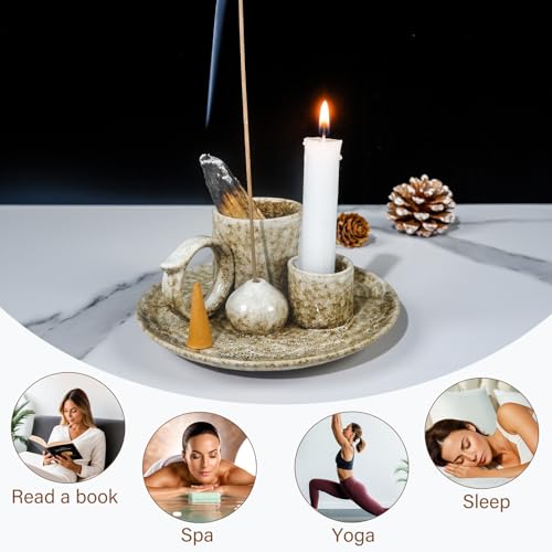 MOUGIGI 5.1Inch 5-in-1 Ceramic Smudge Bowl Brown - Incense Stick Holder, Small Candle Holder, Smudge Bowl/Dish, Fits Palo Santo, Sage.Zen Altar for Meditation/Yoga, Aromatic Scents, Easy to Clean - color: Multifunctional Palo Plate-brown