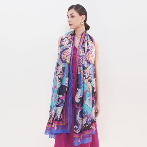 100% Mulberry Extra Large Silk Pashmina Scarf Shawls And Wraps For Women Evening Dress Summer Travel Floral Blanket - color: 67 Blue&purple