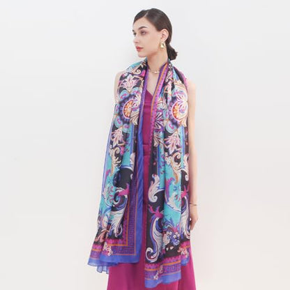 100% Mulberry Extra Large Silk Pashmina Scarf Shawls And Wraps For Women Evening Dress Summer Travel Floral Blanket - color: 67 Blue&purple