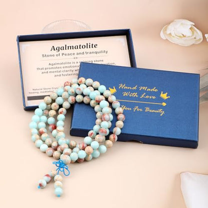 AD Beads 6mm 8mm 108 Prayer Mala Jasper Elastic Bracelet - Handmade Yoga Meditation Healing Power Energy Gifts for Unisex Adult. - color: Agalmatolite (Peace)