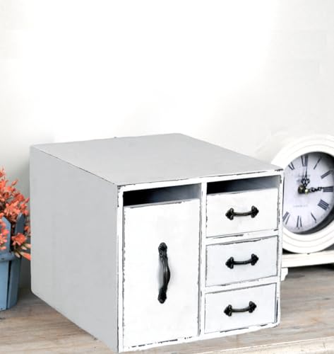 Rustic Distressed Beauty Organizer 4 Drawers - Wooden Cosmetic Storage Box for Neat & Home Office Desk &Organize &Storing of Makeup holder Tools,Bathroom Counter-top (Rustic White, L) - color: White