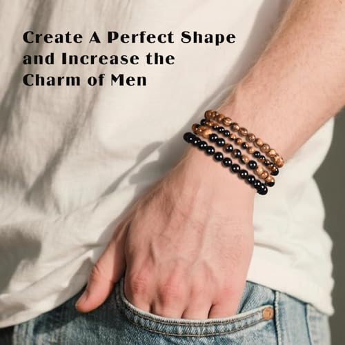 4PCS Wooden Mens Bracelet Beads,Small Beaded Bracelets For Men And Women Kit,8mm & 6mm Black Wood Beads,Natural Multi-Colored Bead
