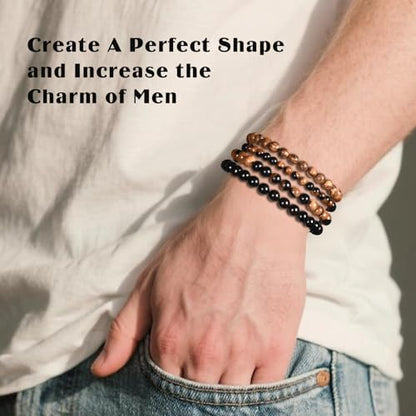 4PCS Wooden Mens Bracelet Beads,Small Beaded Bracelets For Men And Women Kit,8mm & 6mm Black Wood Beads,Natural Multi-Colored Bead