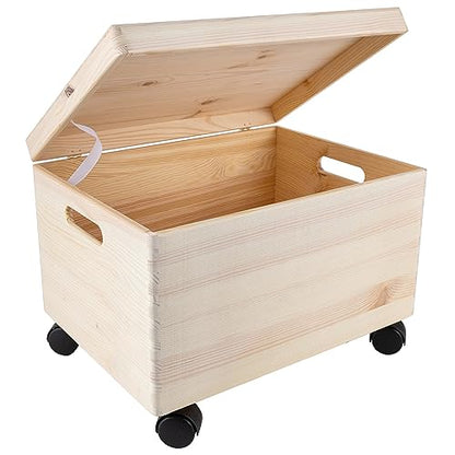 Creative Deco XXL Large Plain Wooden Box Storage with Hinged Lid & Wheels | 15.8x11.8x9.44 inches (+-0.5) | Handles | Unpainted Gift Tool Dog Toy Clothes Kitchen Storage | Rough UNSANDED