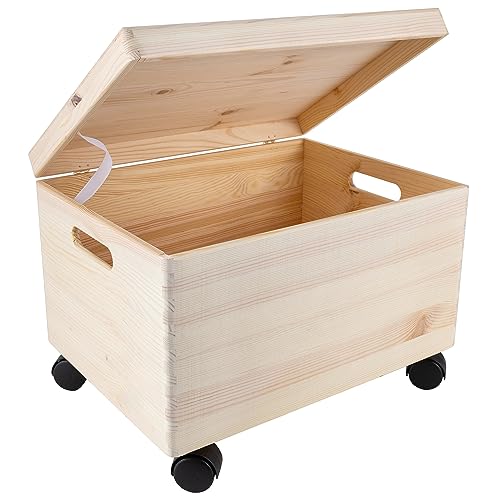 Creative Deco XXL Large Plain Wooden Box Storage with Hinged Lid & Wheels | 15.8x11.8x9.44 inches (+-0.5) | Handles | Unpainted Gift Tool Dog Toy Clothes Kitchen Storage | Rough UNSANDED