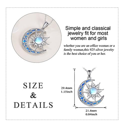 Sun and Moon Necklace for Women 925 Sterling Silver Celtic Crescent Moon Pendant Blue Opal/White Opal/Abelone Shell/Labradorite/Moonstone Jewelry Gift for Teen Girls - color: blue opal moon