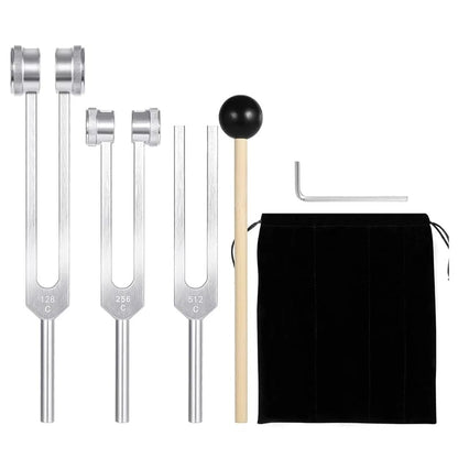 Tuning Forks for Sound Therapy (128Hz, 256Hz, 512Hz) for Yoga, Meditation, Stress Relaxation, Health Care and Musical Instrument, With Cloth Pouch,Silicone hammer, a Repair Tool and Cleaning Cloth