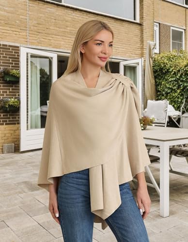 PULI Womens Large Cross Front Poncho Sweater Wrap Topper Knitted Elegant Shawls Cape for Fall Winter - color: Barley Twist (Beige)