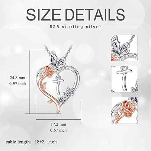 TOUPOP Gifts for Women Her 925 Sterling Silver Rose Heart Initial Necklace Butterfly Heart Jewelry Anniversary Birthday Gifts for Wife Girlfriend Mom - color: T Initial