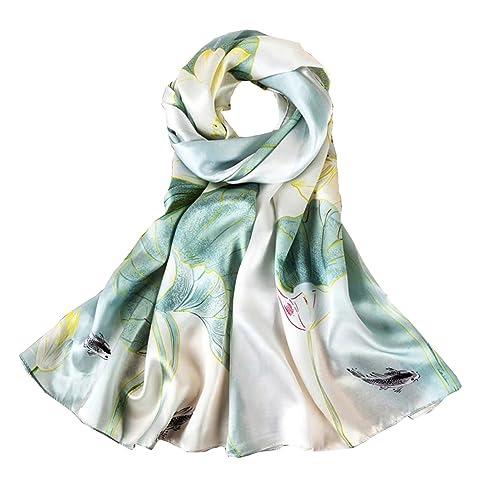 100% Mulberry Silk Long Scarf for Women Large Shawls for Headscarf and Neck- Oblong Hair Wraps with Gift Packed - color: Light Green&white Lotus