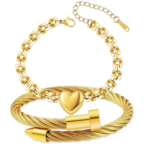 2PCS 18K Gold Plated Nail Bangle & Chain Bracelet Set for Women, Adjustable Stackable Bangle Jewelry, Dainty Gold Bracelet Gift for Women - color: Set O