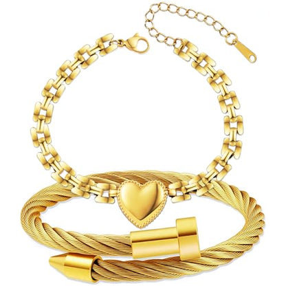 2PCS 18K Gold Plated Nail Bangle & Chain Bracelet Set for Women, Adjustable Stackable Bangle Jewelry, Dainty Gold Bracelet Gift for Women - color: Set O
