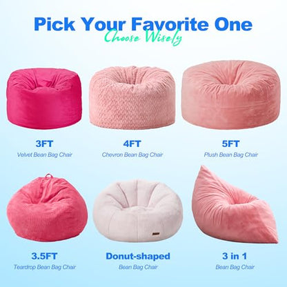Hobestluk 3 in 1 Bean Bag Chair Giant Bean Bag Chairs for Adults with Chevron Plush Fur Cover Convertible Bean Bag Floor Cushion with Machine Washable Cover for Living Room (Plush Pink) - color: Hot Pink