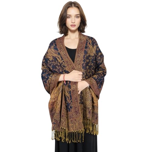MUQU Women Pashmina Shawls and Wraps Scarf Soft Silky Reversible Paisley Scarves Shawl for Women - color: Navy Blue-a