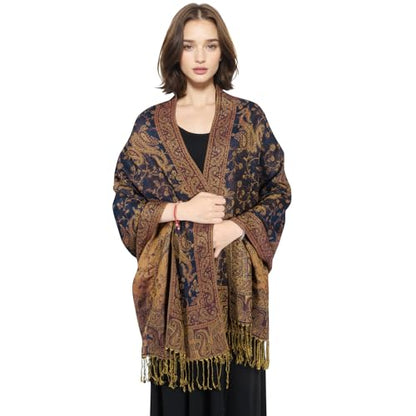 MUQU Women Pashmina Shawls and Wraps Scarf Soft Silky Reversible Paisley Scarves Shawl for Women - color: Navy Blue-a