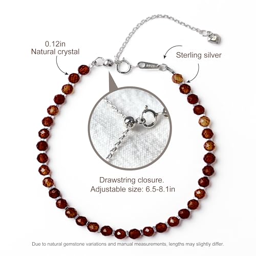 Natural Crystal Silver Bracelet, 0.12" Faceted Stone Beads Adjustable Jewelry for Women, Handmade Crown Chakra Design for Meditation & Spiritual Gifts - color: Orange Garnet