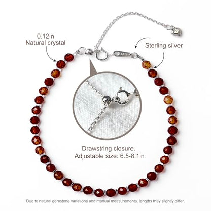 Natural Crystal Silver Bracelet, 0.12" Faceted Stone Beads Adjustable Jewelry for Women, Handmade Crown Chakra Design for Meditation & Spiritual Gifts - color: Orange Garnet