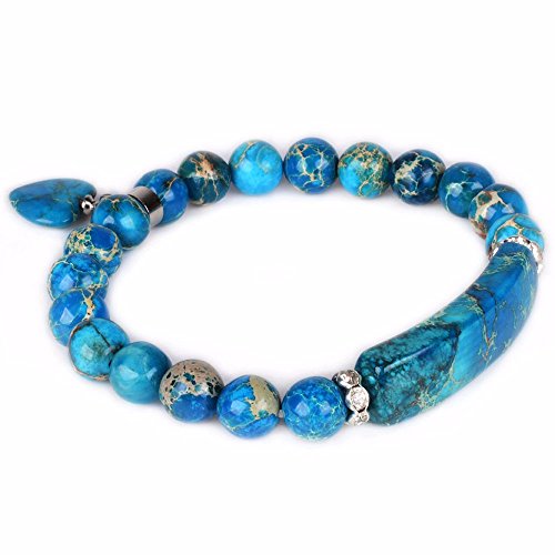 Justinstones Gem Semi Precious Gemstone Love Heart Charm Stretch Beaded Bracelet Unisex - color: Dyed Blue Sea Sediment Jasper