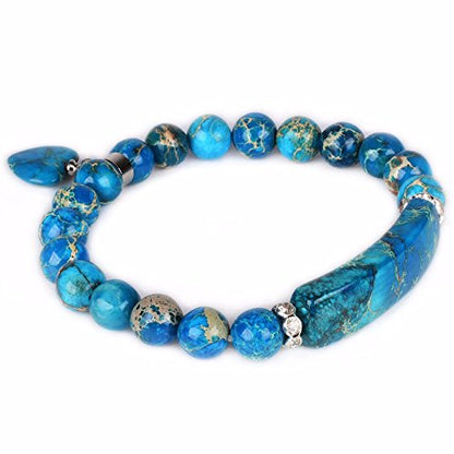 Justinstones Gem Semi Precious Gemstone Love Heart Charm Stretch Beaded Bracelet Unisex - color: Dyed Blue Sea Sediment Jasper