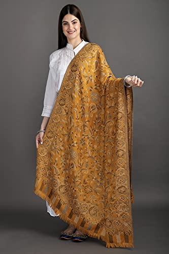 Exotic India Women Reversible Jamawar Wool Shawl with Woven Flowers | Ethnic Beautiful Floral Weave Stole, Dupatta - color: Butterscotch