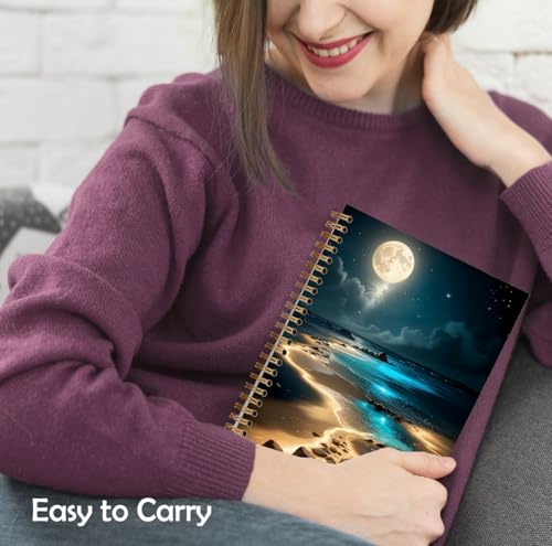 Full Moonlight Beach Notebook, Mystical Celestial Coastal Ocean Journal, Whimsical Moon Star Sky Journal, Nature Lover Gifts Hardcover Spiral Notebooks, 5.5x8.3 Inch - color: Color_2