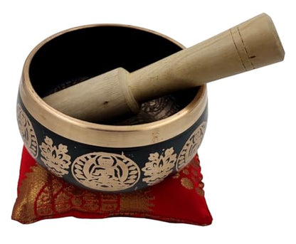Purpledip Handmade 4 Inches Bell Metal Tibetan Buddhist Singing Bowl Musical Instrument For Meditation (11079) - style: Scripture design | 4 inches | Black