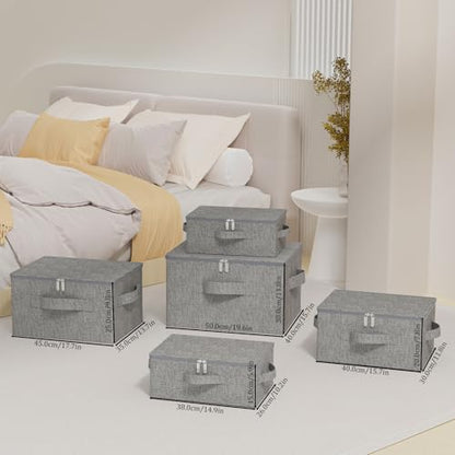 Blanket Bags with Lid, Foldable Underbed Storage Bins, Home Basket Container for Organizing Clothes, Shoes, Pillows, 14.9x10.2x5.9Inches, Grey, 2 Pack