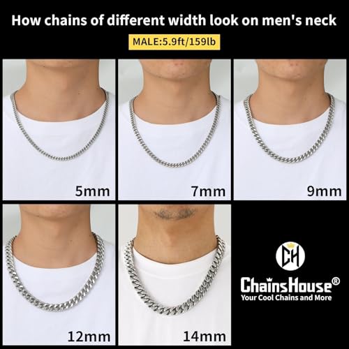 ChainsHouse Stainless Steel Mens Cuban Link Chain, Black/ 18K Gold Plated Miami Cuban Chain Necklace, 5mm/7mm/9mm/12mm/14mm Width, No Tarnish& Durable Hip Hop Mens Jewelry, 18"-30", Send Gift Box - color: a. 7mm width-steel, size: 22 inches