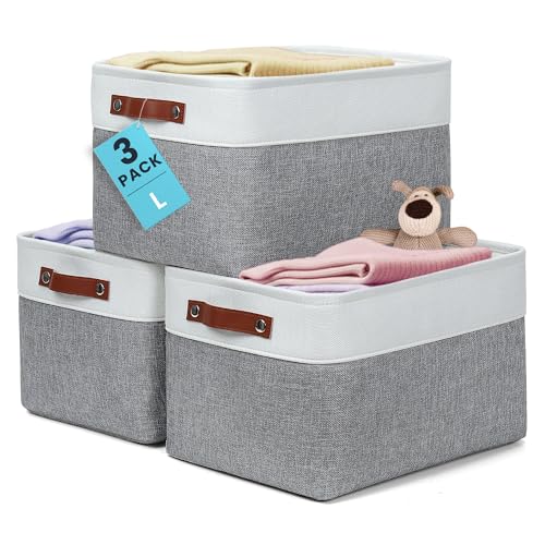 OrganiHaus 15x11in Canvas Storage Baskets 3 Pack | LARGE Fabric Bins for Shelves | Closet & Bedroom Storage | Gray/Off-White - color: Gray / Off-White, size: Large - 3pc