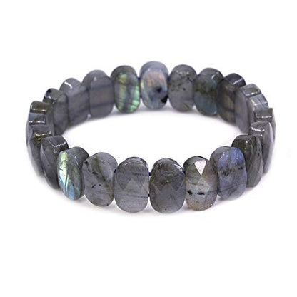 Keleny Semi Precious Stones 14mm Faceted Oval Beads Crystal Rock Elastic Bangle 7.5 Inch - color: Grey Labradorite