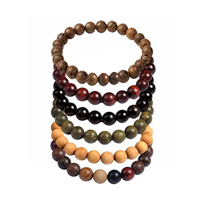 COLORFUL BLING Handmade Wooden Prayer Beaded Bracelet for Men Women Tibetan Buddhist Meditation Mala Beaded Stretch Bracelet Bangle Wood Jewelry - color: 6pcs